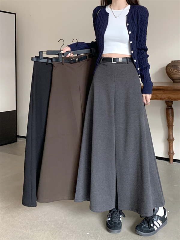 Large size high-end brushed thickened woolen skirt for women slimming solid color large hem skirt simple long skirt