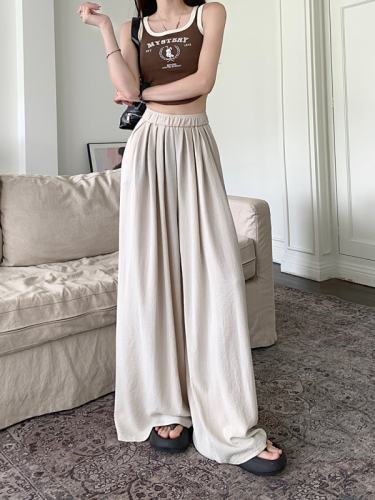 Summer new style loose slimming wide leg pants elastic waist high waist straight solid color casual pants for women