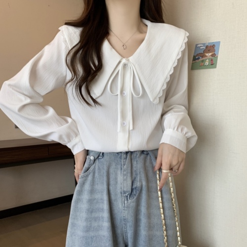 Large size French design niche doll collar shirt women's new white loose long-sleeved shirt trendy