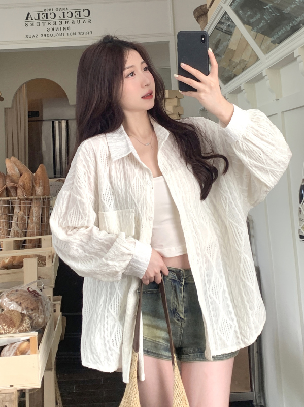 Large size fat mm design hollow long-sleeved sun protection clothing white versatile loose casual flesh-covering shirt