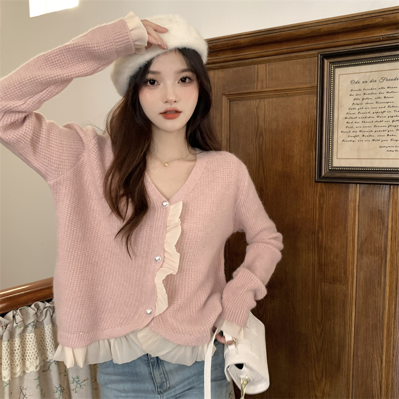 Autumn new red knitted cardigan coat for fat girls slimming ruffled patchwork top for women