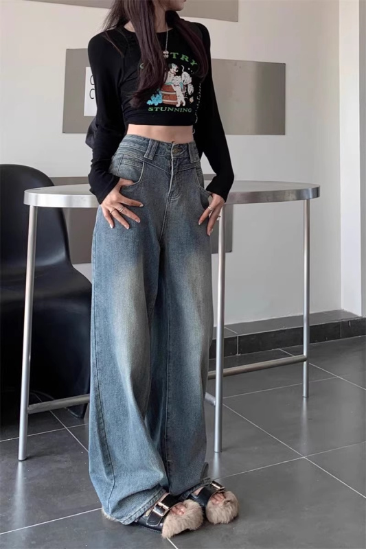 Large size high waist jeans women's pants spring fat mm retro loose wide leg pants slim straight pants floor mopping trousers