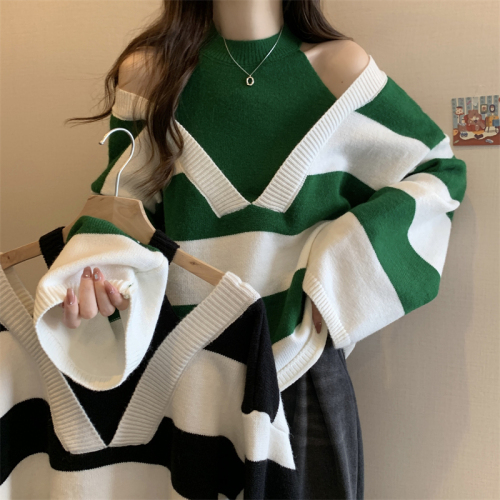 Plus size women's fat mm fake two-piece small machine halter neck off-shoulder sweater striped western style knitted bottoming shirt