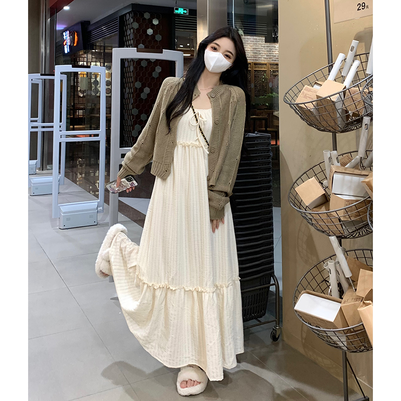 Plus size women's autumn and winter new high-waist slim suspender dress + sweater jacket two-piece set