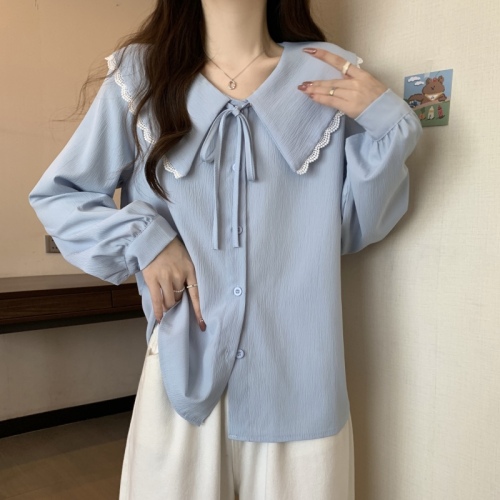 Large size French design niche doll collar shirt women's new white loose long-sleeved shirt trendy