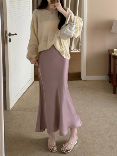 2024 new style silky satin drape mid-length skirt high waist slimming versatile fishtail skirt