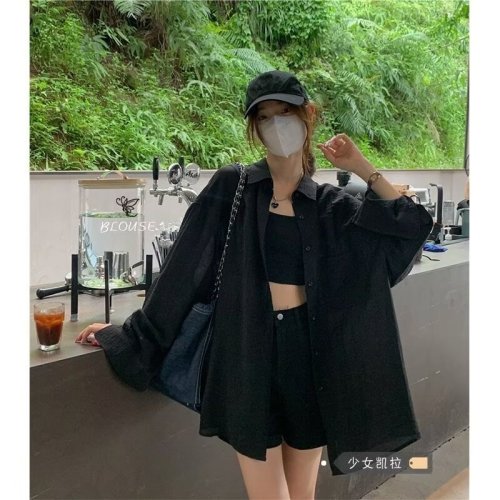 Thin black shirt jacket for women summer new loose and slim outer long-sleeved top ins trend