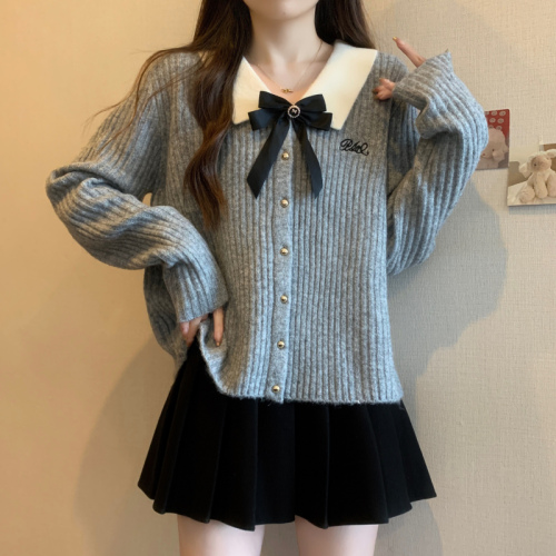 Large size gray small fragrant style sweater autumn and winter new style bow sweater fat mm slimming top