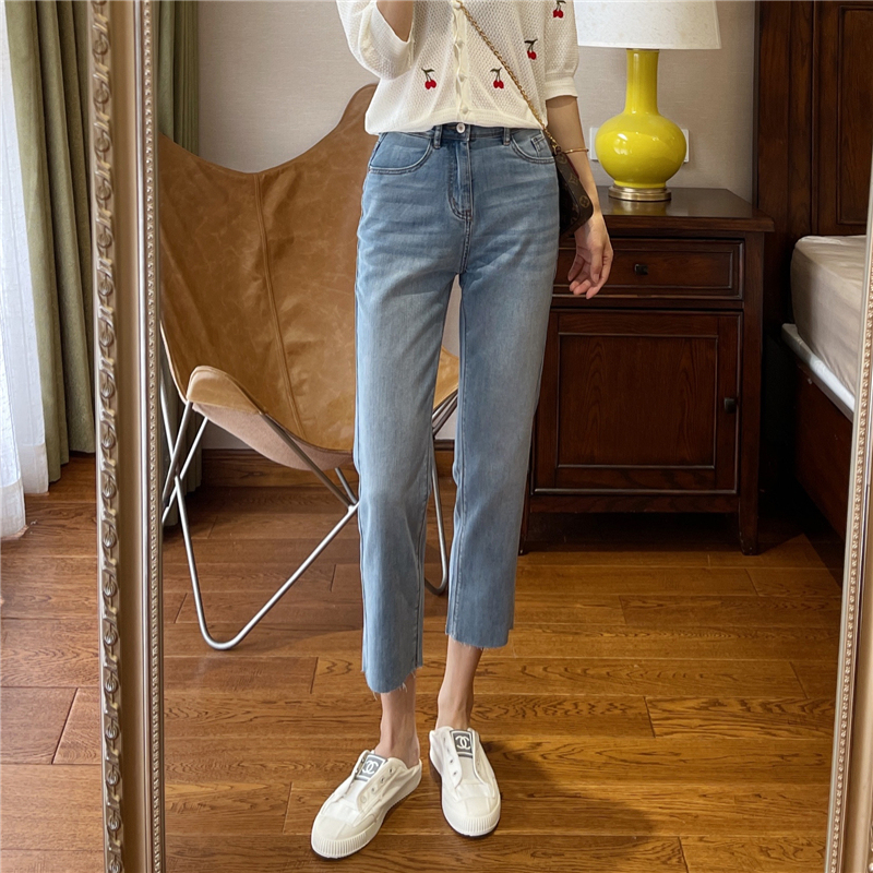 The shopkeeper's own light luxury crystal acetic acid cool light-colored high-waisted straight jeans for women petite thin nine-point pants summer