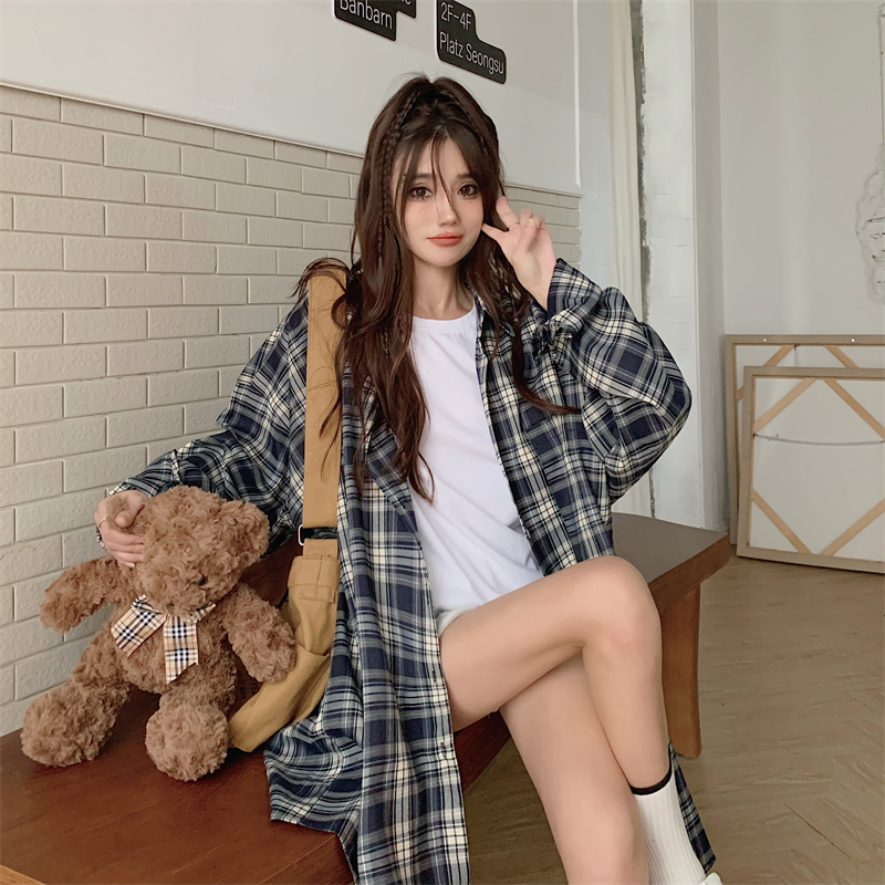 Large size spring plaid shirt women's sun protection long-sleeved jacket lazy style top