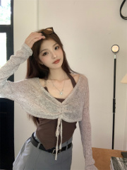 Large size irregular halterneck camisole with drawstring slimming long-sleeved T-shirt two-piece set