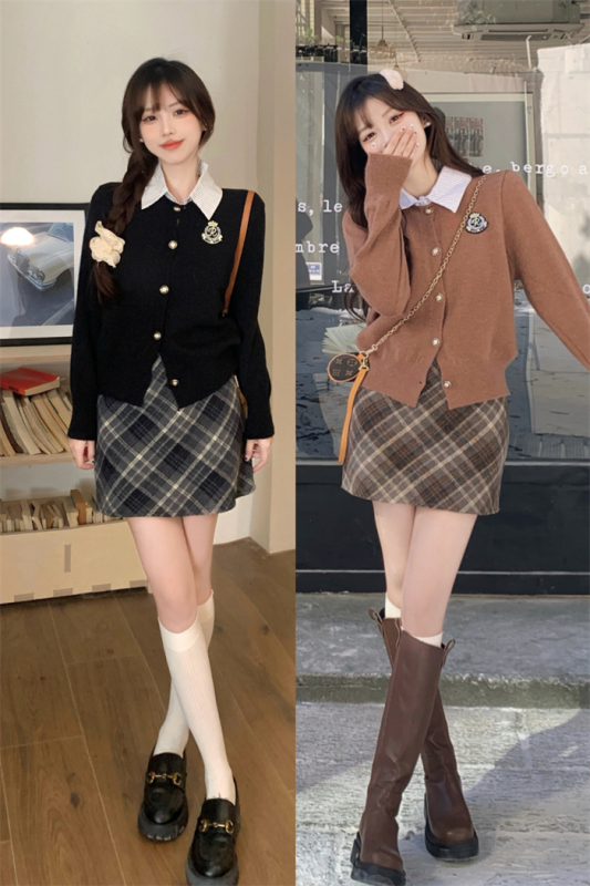 College style fake two-piece American cardigan sweater autumn sweater plus size women's plaid skirt suit