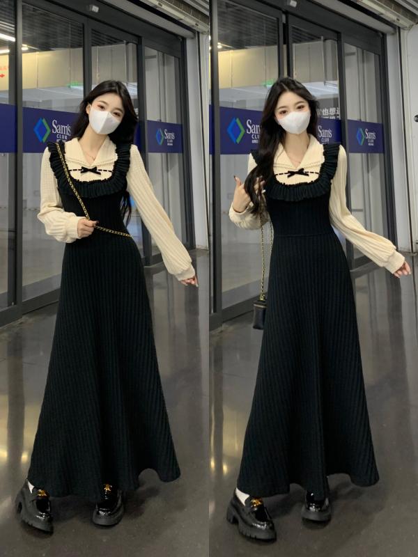 Autumn and winter French splicing fake two-piece retro little black dress slimming knitted bottoming dress