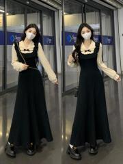 Autumn and winter French splicing fake two-piece retro little black dress slimming knitted bottoming dress