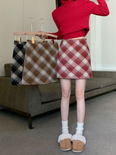 Retro plaid woolen skirt, high-waisted, slimming, mid-length, A-line hip-hugging