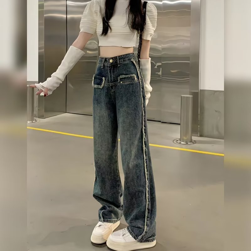 Fashionable raw edge high waist loose wide leg jeans spring new slim and versatile straight long pants for women
