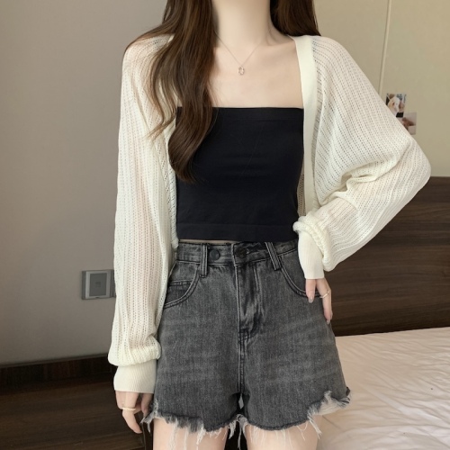 Women's French ice silk knitted sun protection cardigan top women's thin small coat shawl vest blouse