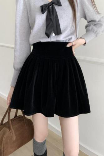 High-waisted pleated gold velvet skirt for women winter new Korean style small black a-line skirt