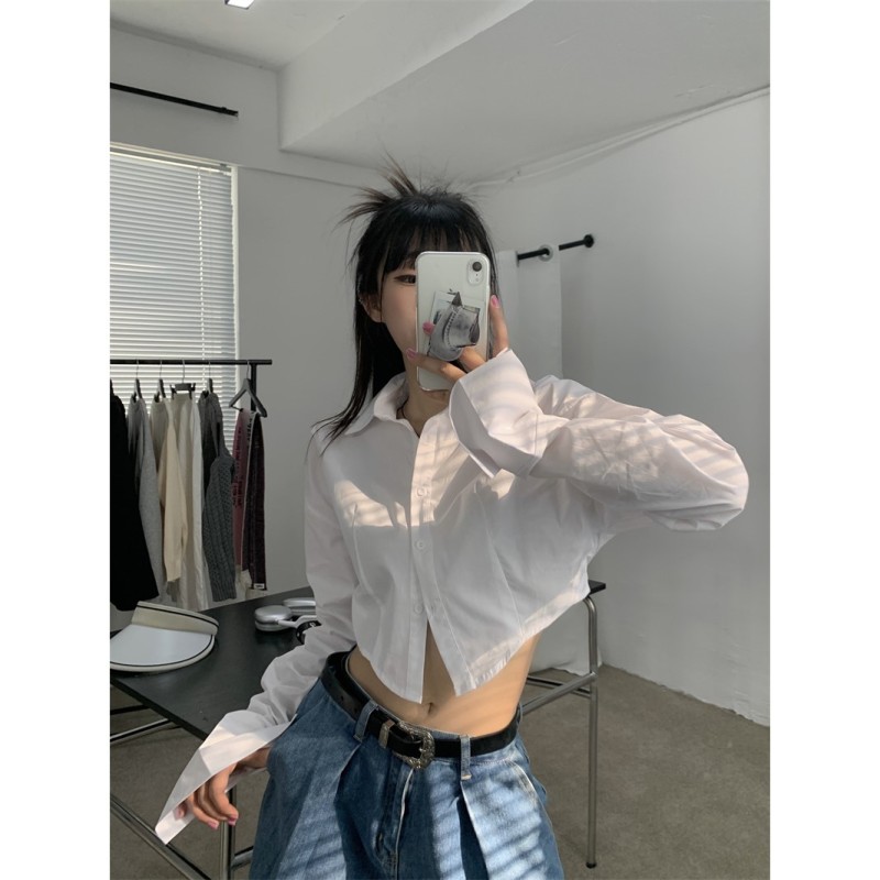 Short long-sleeved white shirt for women early autumn new design niche bottoming shirt loose slimming top