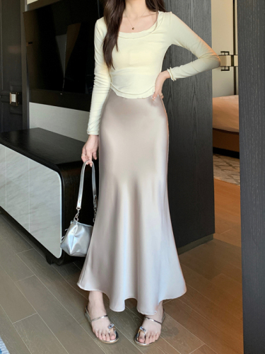 2024 new style silky satin drape mid-length skirt high waist slimming versatile fishtail skirt