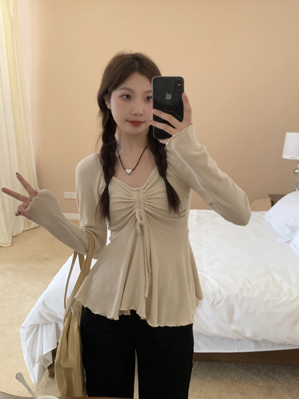Autumn new drawstring V-neck bottoming shirt, pure lust style, slim fit and versatile top
