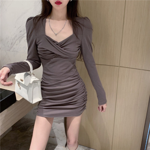 Autumn new temperament V-neck twist drawstring slimming long-sleeved bottoming hip dress