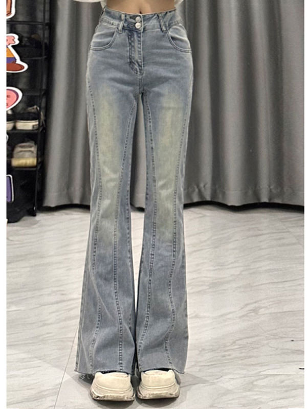 Retro high-waisted bootcut jeans with splicing design for women, autumn and winter new versatile wide-leg slimming floor-length pants