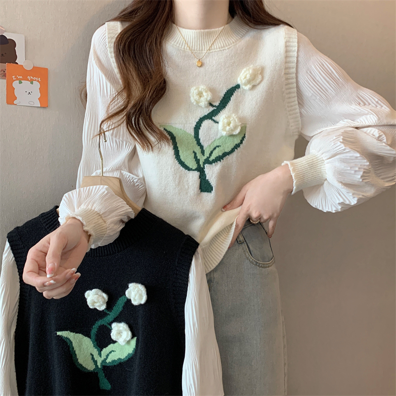 Large size fake two-piece sweater for women with sweet three-dimensional flower design and chic long-sleeved top