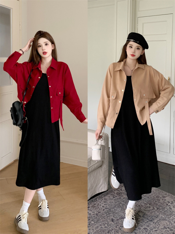 Autumn new long-sleeved POLO irregular short coat + versatile vest skirt large size slimming suit