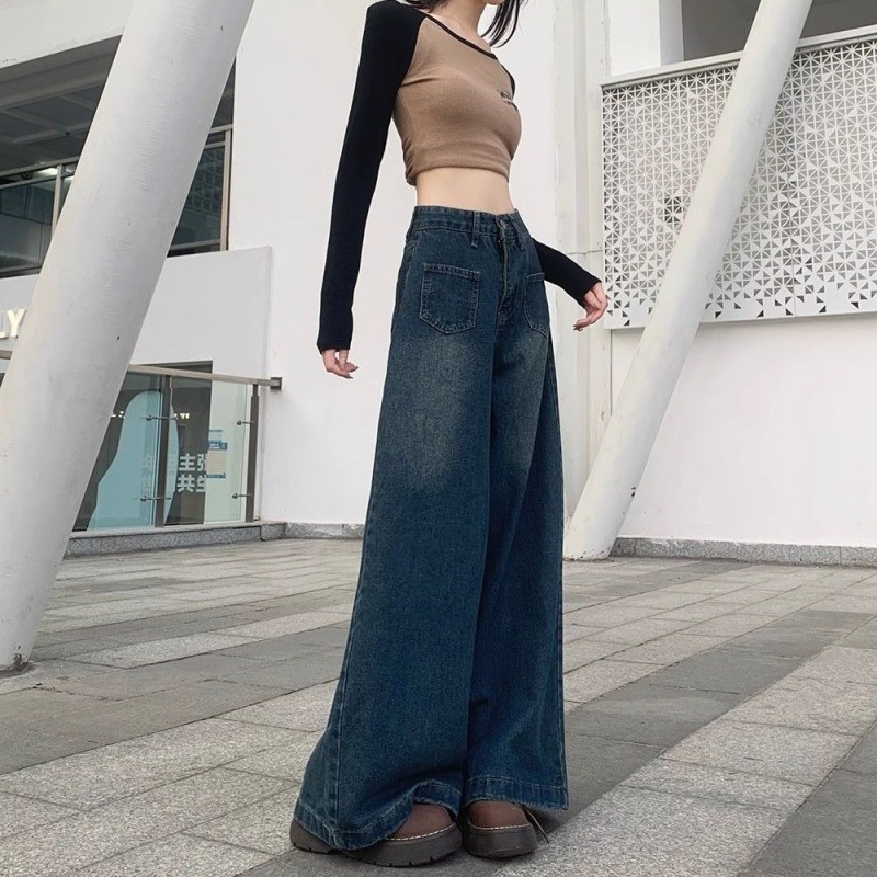 Large size retro Hong Kong style jeans straight leg loose autumn 2024 new women's casual slimming high waist wide leg pants