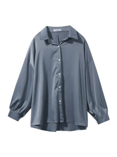 New loose mid-length haze blue lazy style casual salt long-sleeved shirt top for women