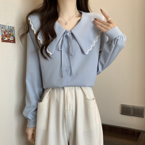 Large size French design niche doll collar shirt women's new white loose long-sleeved shirt trendy