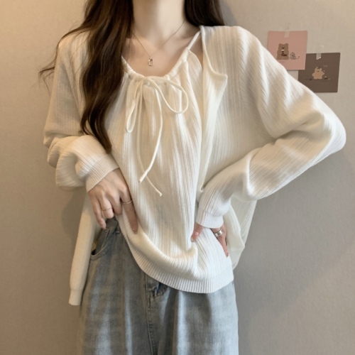 Large size new gentle design suit temperament solid color versatile cardigan camisole two-piece set