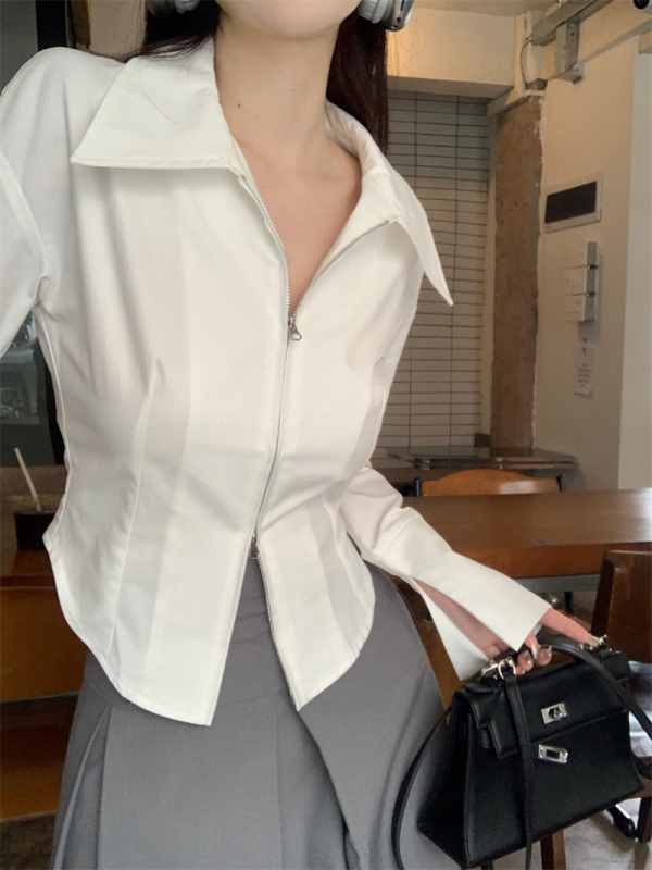 White Lapel Long Sleeve Shirt Women's Winter Slim Irregular Shirt Small Top