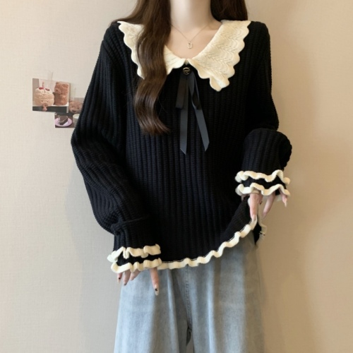 Large size design contrasting color doll collar fungus edge sweater women's winter fat mm slimming top