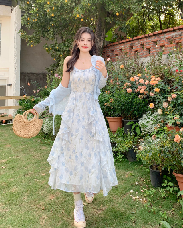 French tea break blue floral suspender dress women's summer temperament high-end exquisite long skirt