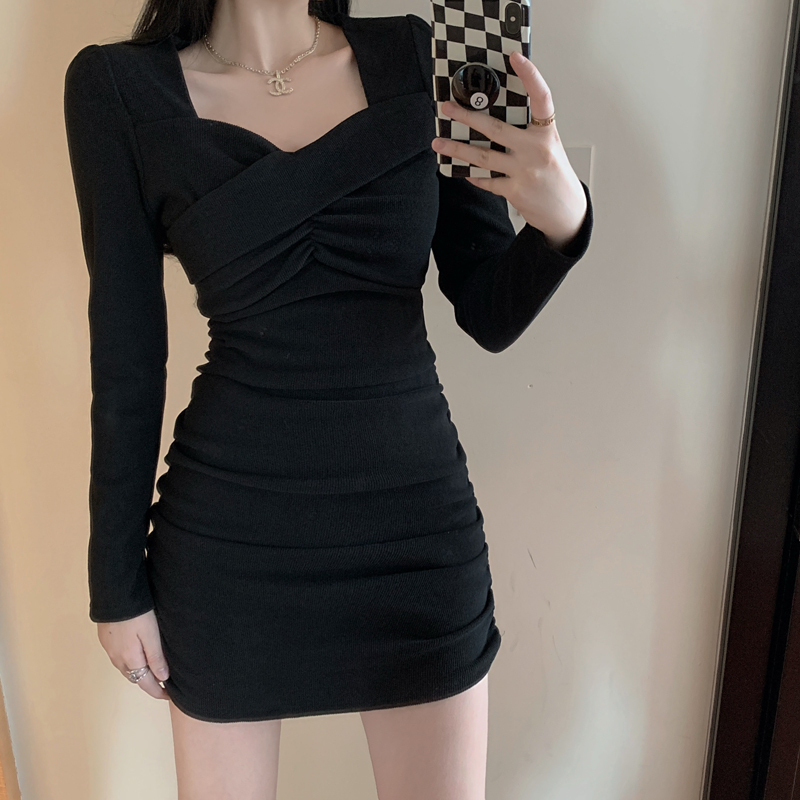 Slightly fat MM autumn new slim fit dress design pleated hip skirt mid-length skirt