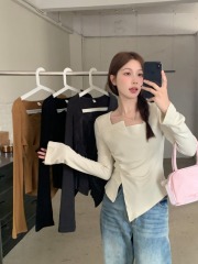 Plus size fat mm autumn new style irregular pleated flesh-covering slimming tops versatile right shoulder long-sleeved T-shirt