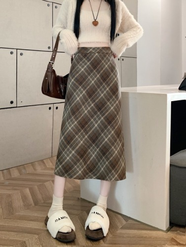 Plus size fat MM winter Korean style woolen high-waisted long skirt chi plaid mid-length skirt for women