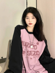 Pure cotton 200 grams 21 count combed precision live quality printed autumn color matching long-sleeved T-shirt for women