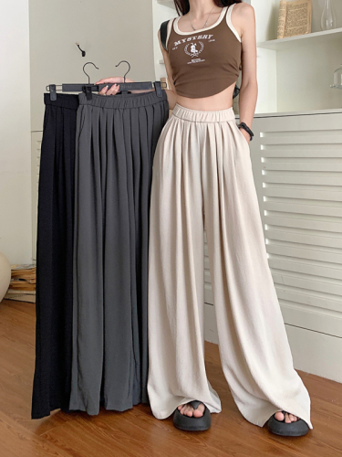 Summer new style loose slimming wide leg pants elastic waist high waist straight solid color casual pants for women