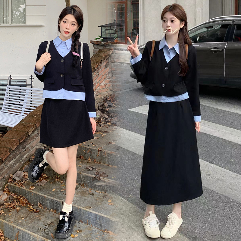 Plus size women's clothing for fat mm spring new contrast shirt suit jacket long and short two-piece set