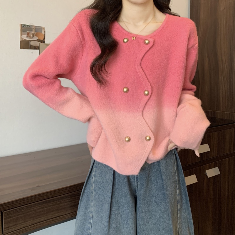 Plus size women's autumn new gradient casual round neck long-sleeved single-breasted versatile sweater jacket trendy