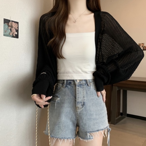 Women's French ice silk knitted sun protection cardigan top women's thin small coat shawl vest blouse