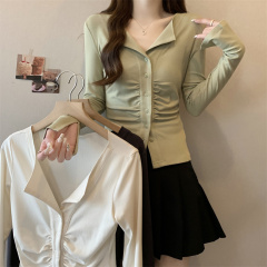 Early spring design pleated waist slimming pure sexy hottie long-sleeved bottoming top for women