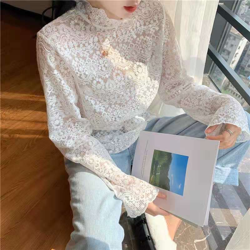 Spring and Autumn New Women's Embroidered Lace Bottoming Shirt Women's Mesh Inner Style Sexy Shirt Long Sleeve Top