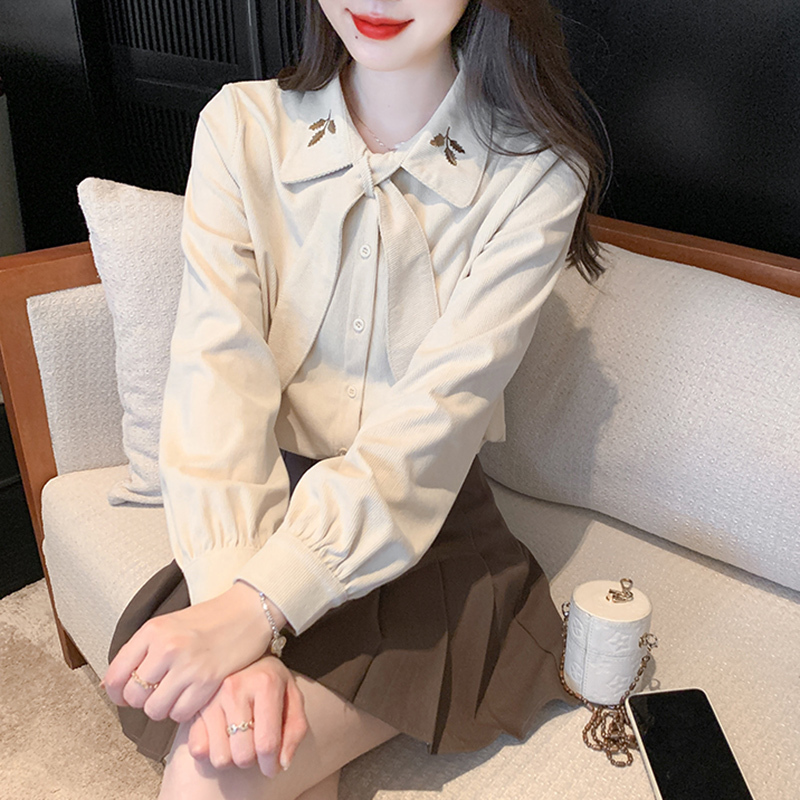 Corduroy shirt women's spring and autumn new style bow tie top design niche embroidered versatile shirt