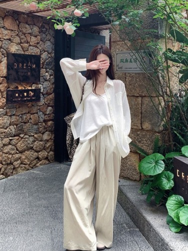 Plus size women's French loose temperament sun protection shirt vest top drape straight Yamamoto wide leg pants