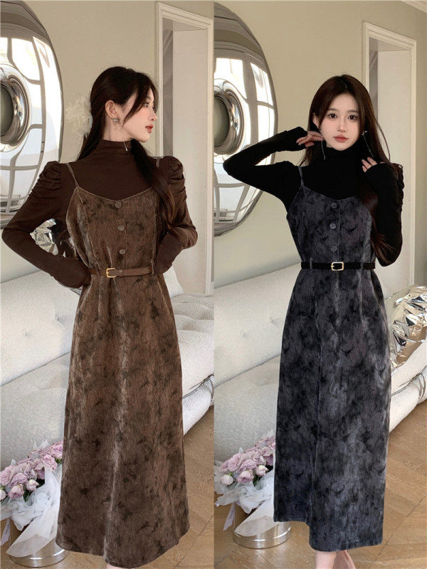 Large size French retro suspender dress two-piece set for women in autumn and winter thickened half turtleneck bottoming shirt suit skirt