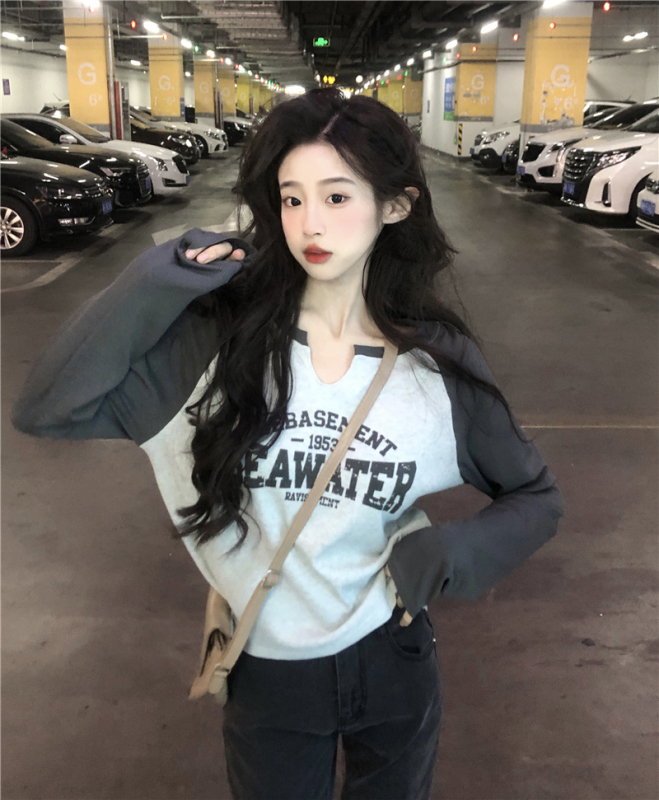 American Retro Printed Shoulder T-Shirt Top Women's Slim Fit Long Sleeve Bottoming Shirt